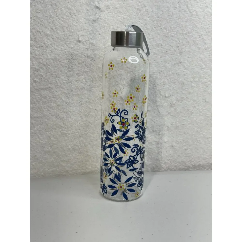 Temptations By Tara 20oz Travel Glass Bottle Blue & Yellow Floral Pattern Strap